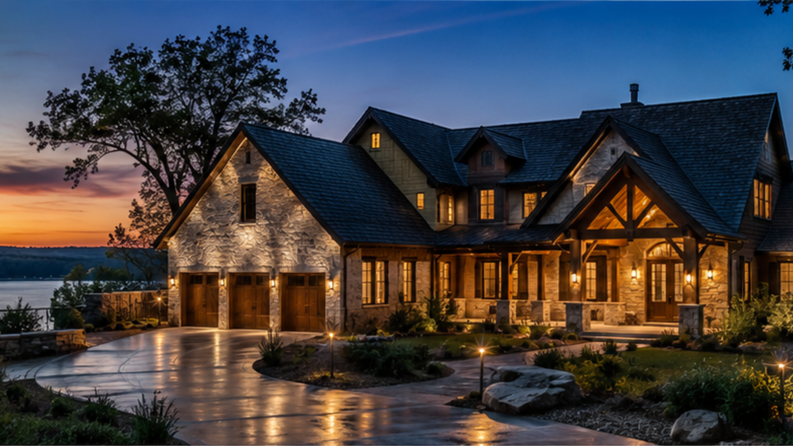 Illustrative stone lake-estate home at dusk